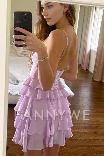 FannyWe Simple Lilac Spaghetti Straps V-Neck Layered Chiffon Short Homecoming Dress formal wear dresses